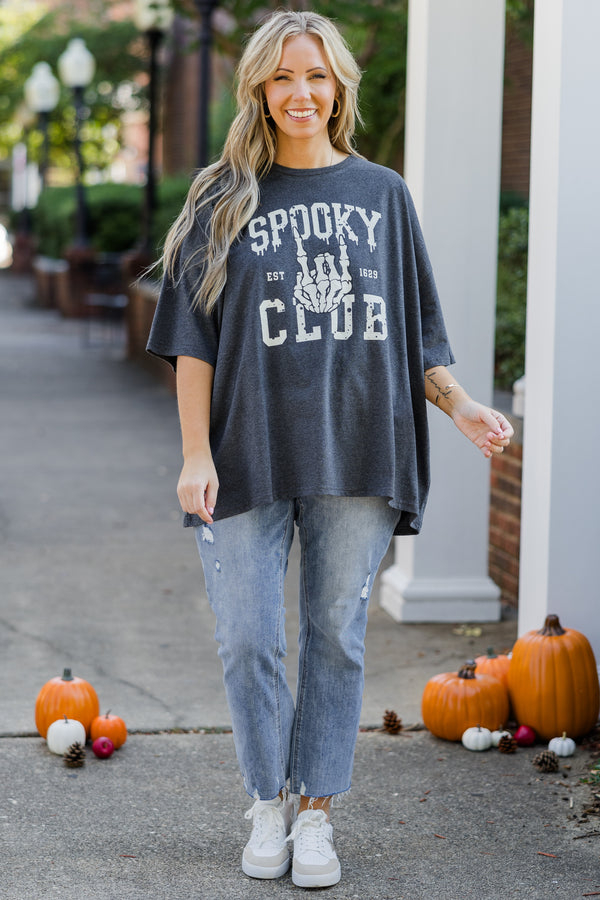 Chic Soul plus size clothing, charcoal gray short sleeve boyfriend tee with 