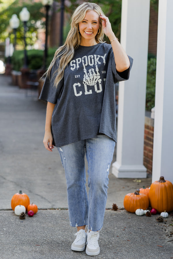 Chic Soul plus size clothing, charcoal gray short sleeve boyfriend tee with 