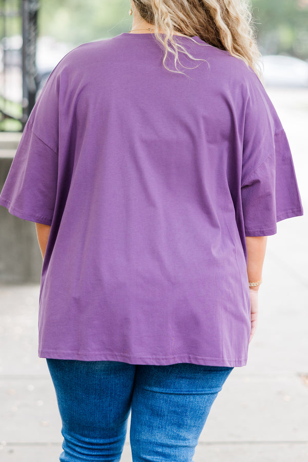 Chic Soul plus size clothing, short-sleeve lilac gray boyfriend tee with scoop-neckline and orange and black graphic lettering stating 