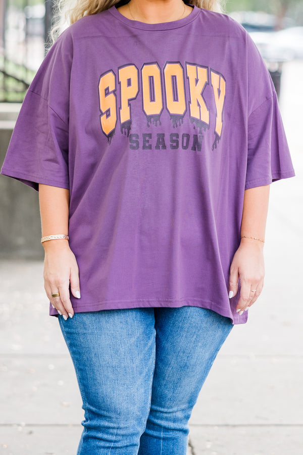 Chic Soul plus size clothing, short-sleeve lilac gray boyfriend tee with scoop-neckline and orange and black graphic lettering stating 