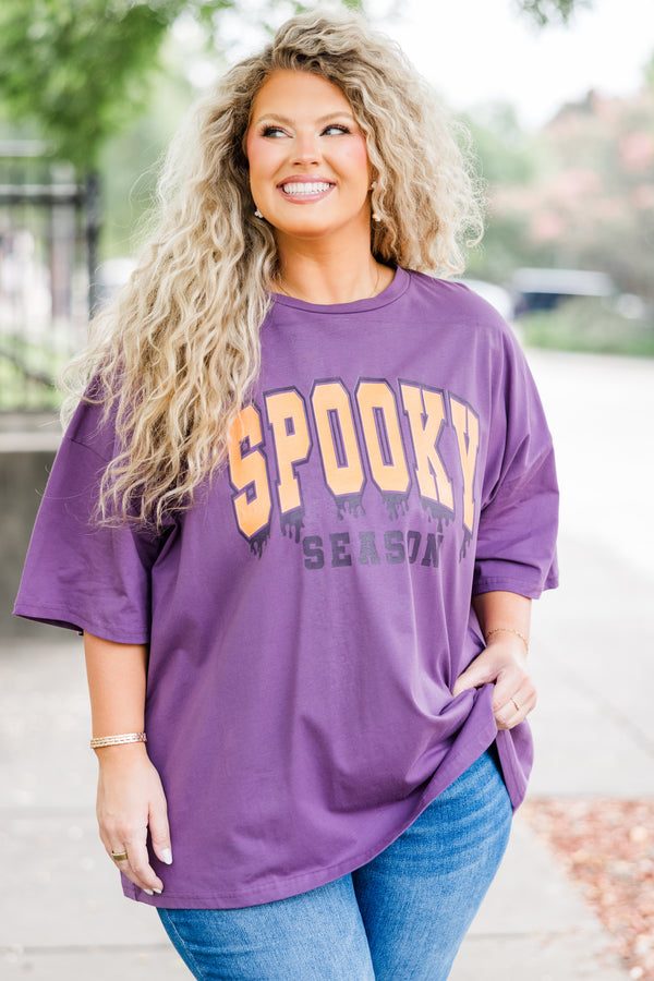 Chic Soul plus size clothing, short-sleeve lilac gray boyfriend tee with scoop-neckline and orange and black graphic lettering stating 