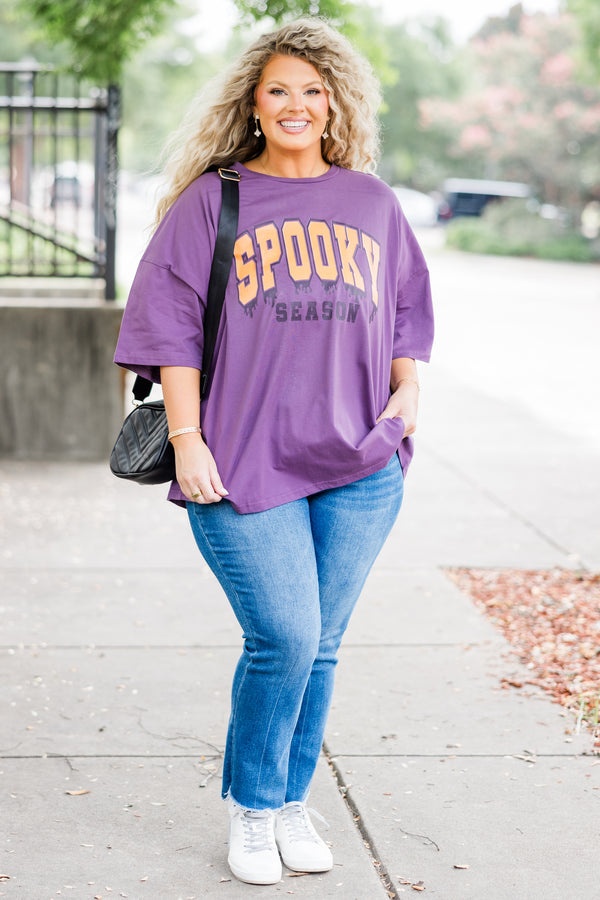 Chic Soul plus size clothing, short-sleeve lilac gray boyfriend tee with scoop-neckline and orange and black graphic lettering stating 