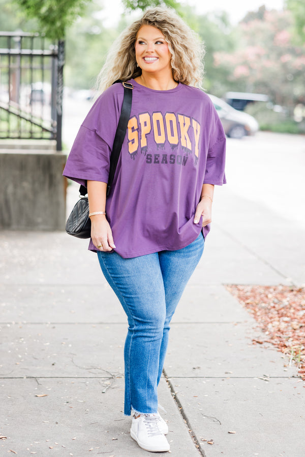 Chic Soul plus size clothing, short-sleeve lilac gray boyfriend tee with scoop-neckline and orange and black graphic lettering stating 