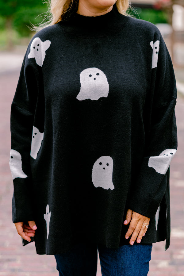 Chic Soul plus size clothing, black smock neck long sleeve top with white ghost print