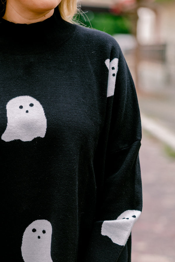 Chic Soul plus size clothing, black smock neck long sleeve top with white ghost print
