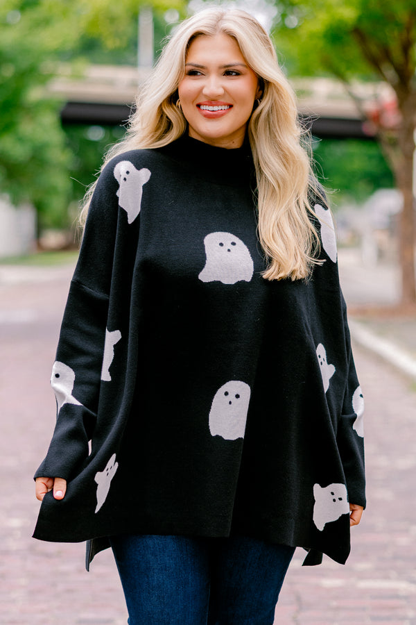 Chic Soul plus size clothing, black smock neck long sleeve top with white ghost print