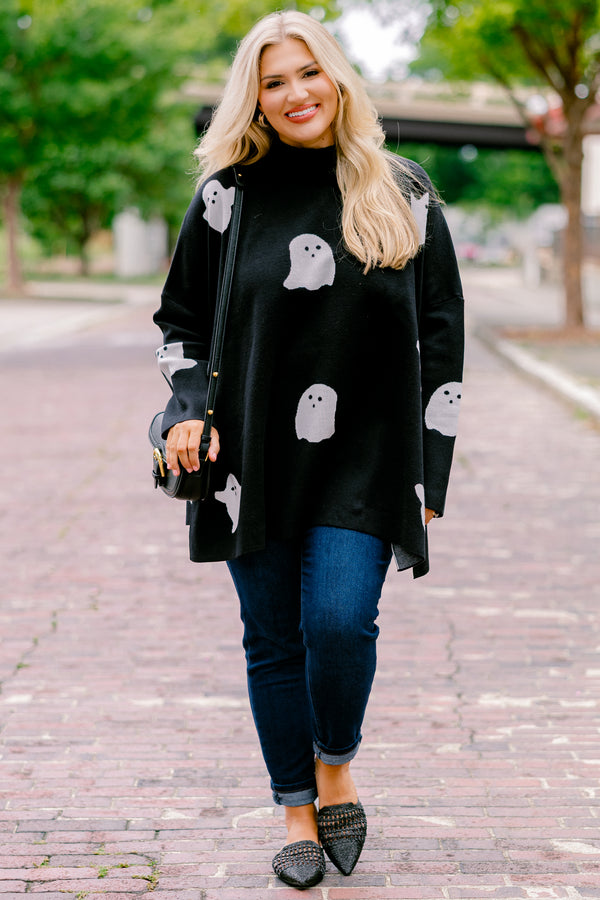 Chic Soul plus size clothing, black smock neck long sleeve top with white ghost print