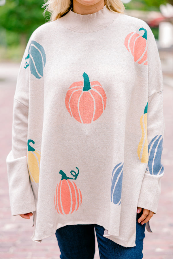 Chic Soul plus size clothing, oatmeal smock neck long sleeve top with blue and orange pumpkin print