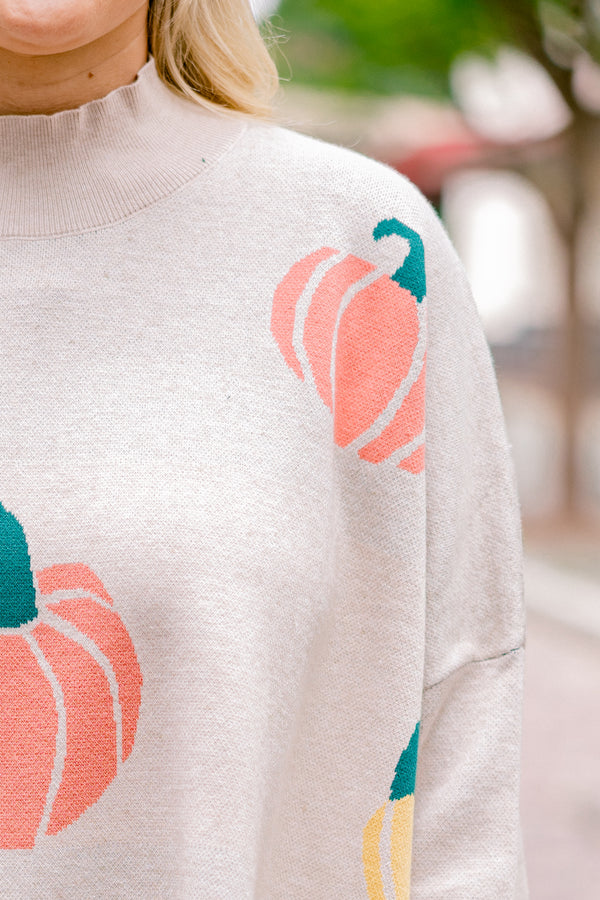 Chic Soul plus size clothing, oatmeal smock neck long sleeve top with blue and orange pumpkin print