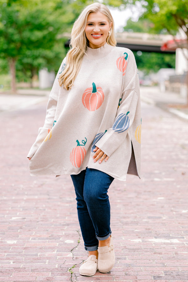 Chic Soul plus size clothing, oatmeal smock neck long sleeve top with blue and orange pumpkin print
