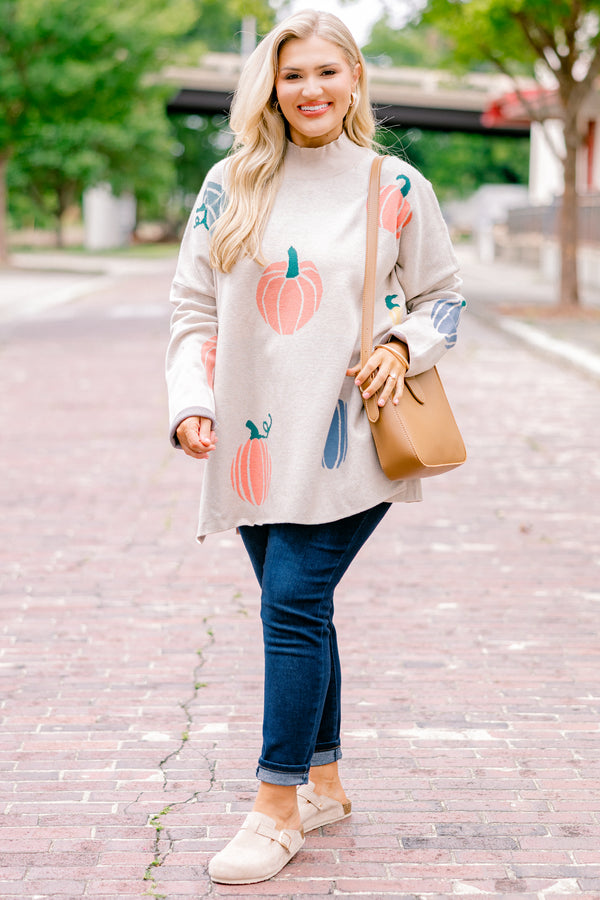 Chic Soul plus size clothing, oatmeal smock neck long sleeve top with blue and orange pumpkin print
