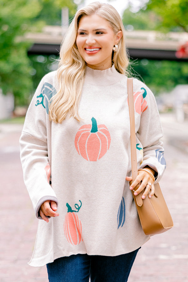 Chic Soul plus size clothing, oatmeal smock neck long sleeve top with blue and orange pumpkin print