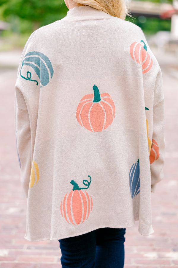 Chic Soul plus size clothing, oatmeal smock neck long sleeve top with blue and orange pumpkin print