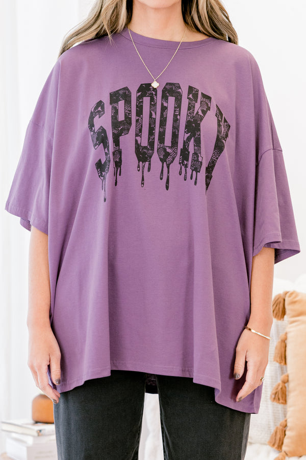 Chic Soul plus size clothing, lilac gray short sleeve boyfriend shirt with text 