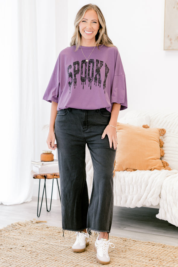 Chic Soul plus size clothing, lilac gray short sleeve boyfriend shirt with text 