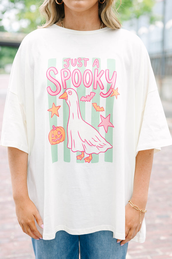 Plus size ivory boyfriend tee with a spooky goose graphic, oversized fit, and soft cotton fabric.