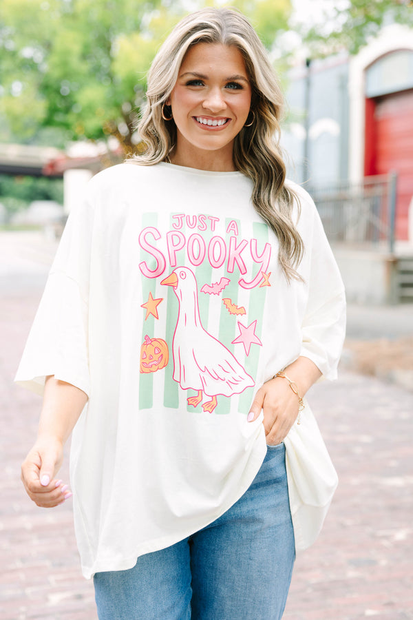 Plus size ivory boyfriend tee with a spooky goose graphic, oversized fit, and soft cotton fabric.
