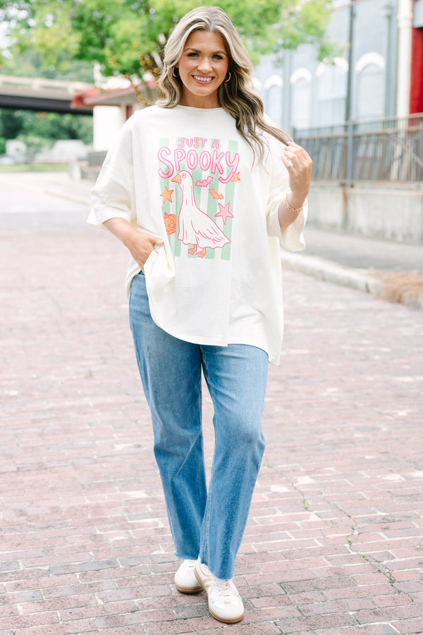Plus size ivory boyfriend tee with a spooky goose graphic, oversized fit, and soft cotton fabric.