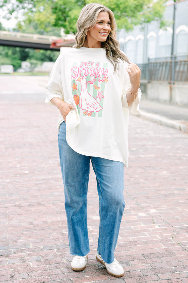 Plus size ivory boyfriend tee with a spooky goose graphic, oversized fit, and soft cotton fabric.