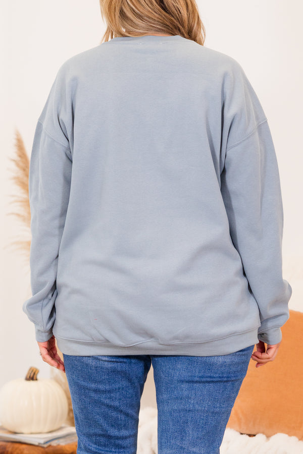 Chic Soul plus size clothing, long-sleeve denim blue crewneck pullover with graphic stating 