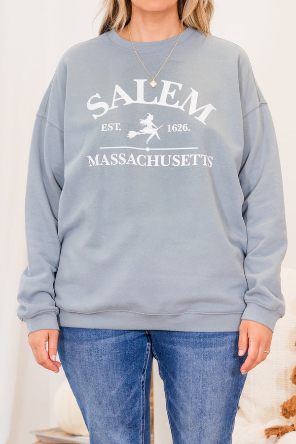 Chic Soul plus size clothing, long-sleeve denim blue crewneck pullover with graphic stating 