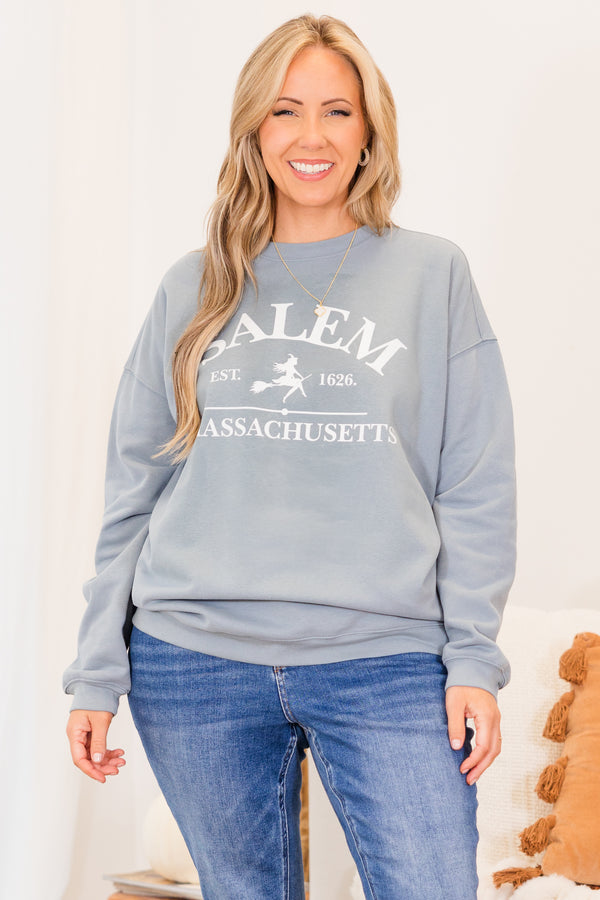 Chic Soul plus size clothing, long-sleeve denim blue crewneck pullover with graphic stating 