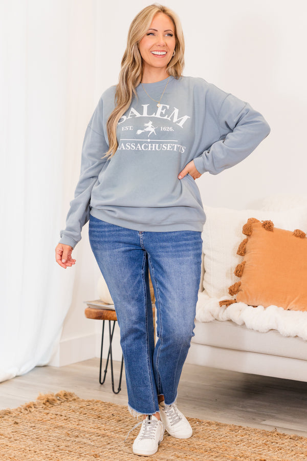 Chic Soul plus size clothing, long-sleeve denim blue crewneck pullover with graphic stating 