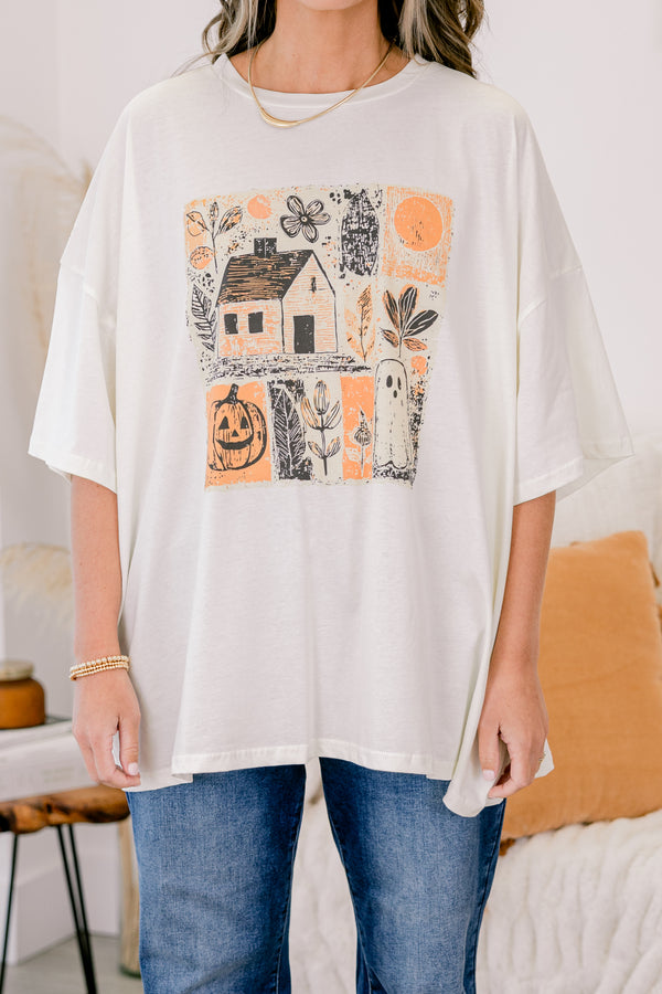 Chic Soul plus size clothing, ivory boyfriend tee with sketch style halloween patterns 