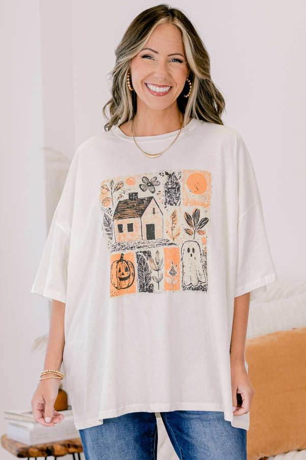 Chic Soul plus size clothing, ivory boyfriend tee with sketch style halloween patterns 