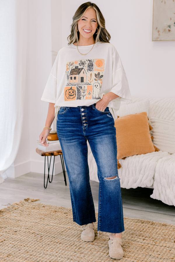 Chic Soul plus size clothing, ivory boyfriend tee with sketch style halloween patterns 