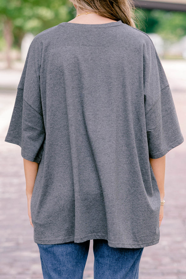 Chic Soul plus size clothing, charcoal gray, oversized, half sleeve graphic tee with 