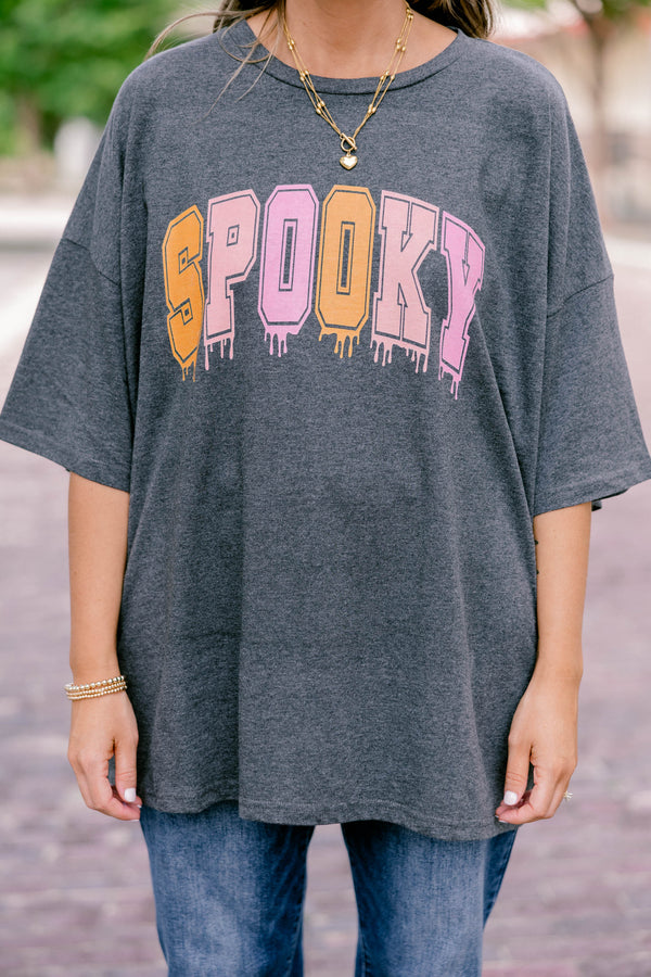 Chic Soul plus size clothing, charcoal gray, oversized, half sleeve graphic tee with 
