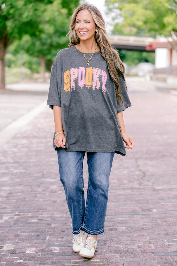 Chic Soul plus size clothing, charcoal gray, oversized, half sleeve graphic tee with 
