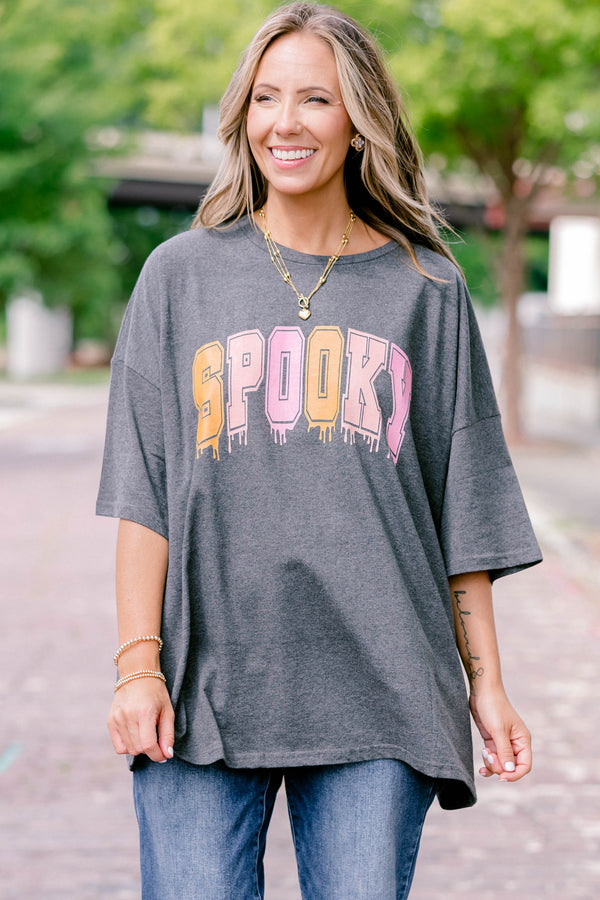 Chic Soul plus size clothing, charcoal gray, oversized, half sleeve graphic tee with 