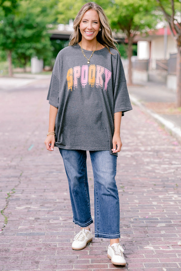 Chic Soul plus size clothing, charcoal gray, oversized, half sleeve graphic tee with 