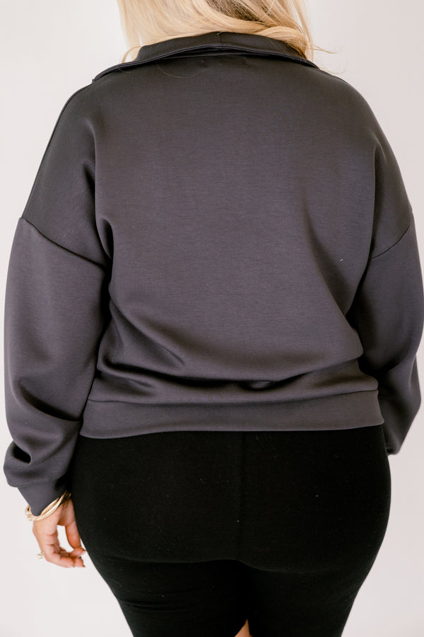 Chic Soul plus size clothing, black long sleeve 3/4 zip pullover