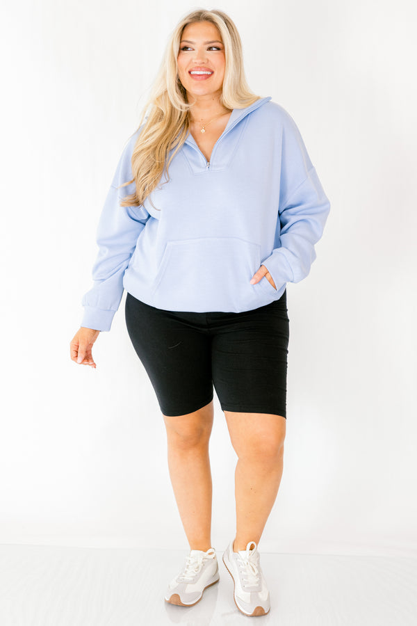Chic Soul plus size clothing, dusty blue quarter zip pullover with front pocket