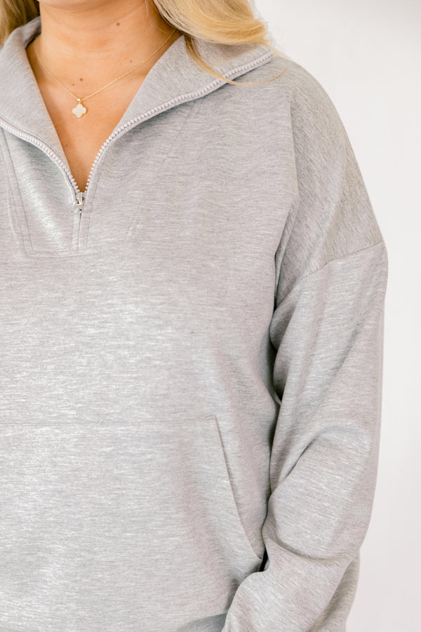 Chic Soul plus size clothing, grey long sleeve pullover with a zipper going down to the chest 