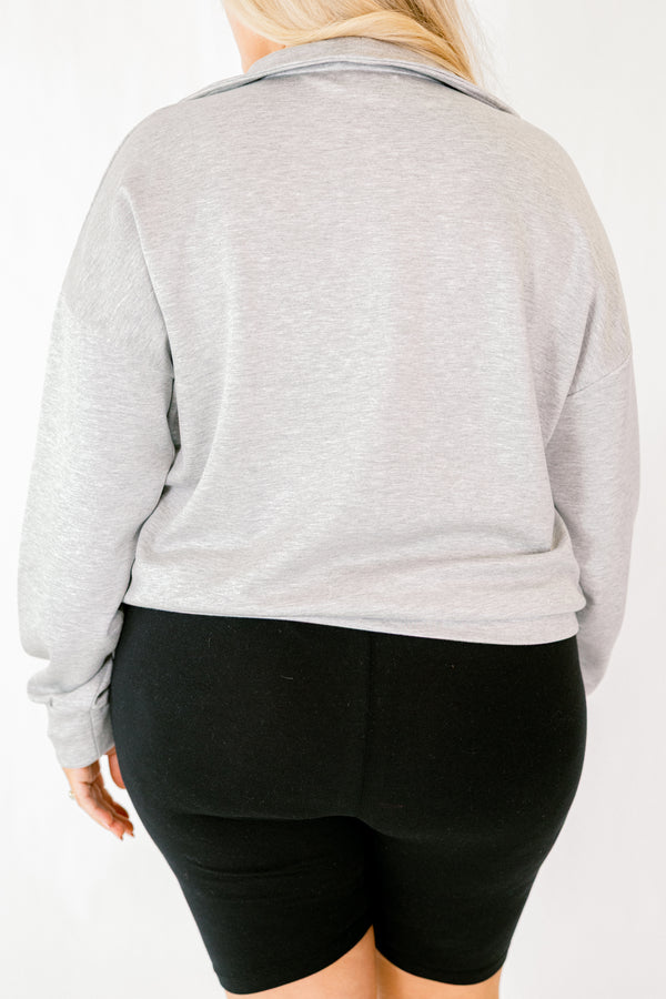 Chic Soul plus size clothing, grey long sleeve pullover with a zipper going down to the chest 