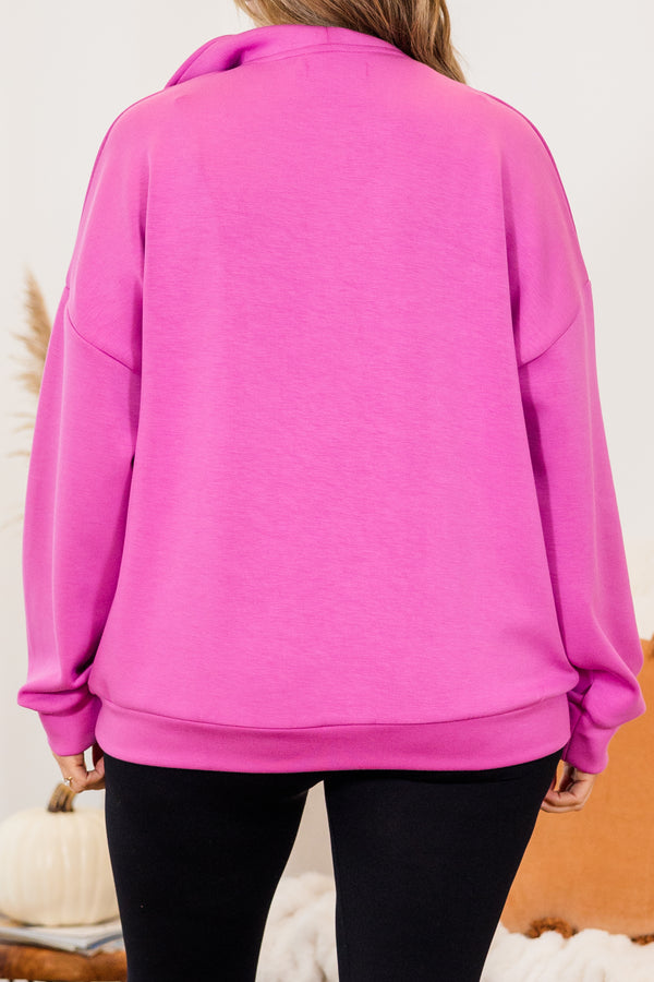 Chic Soul plus size clothing, long-sleeve pink quarter-zip pullover with kangaroo pockets
