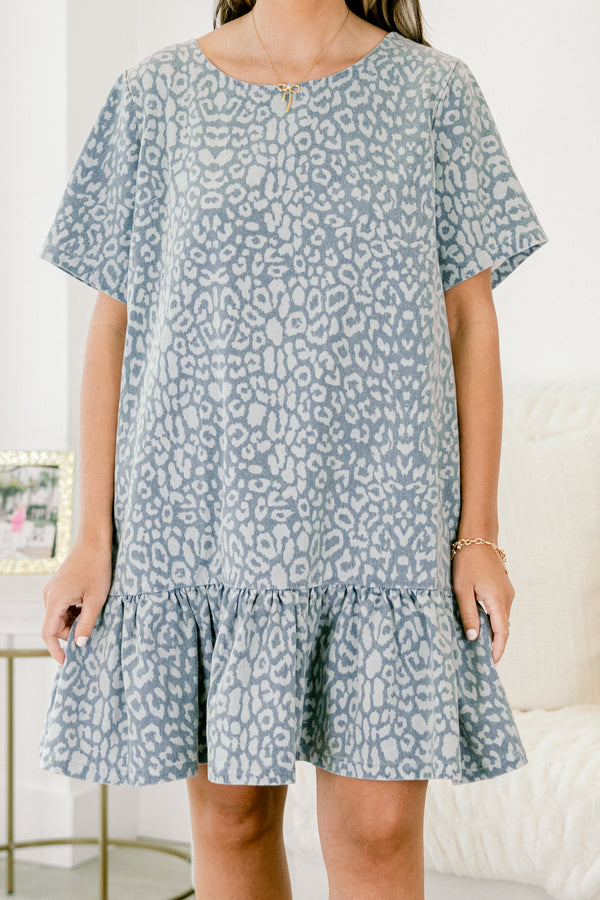 Chic Soul plus size clothing, grey denim short sleeve dress with a leopard print and a ruffle at the end of the dress 
