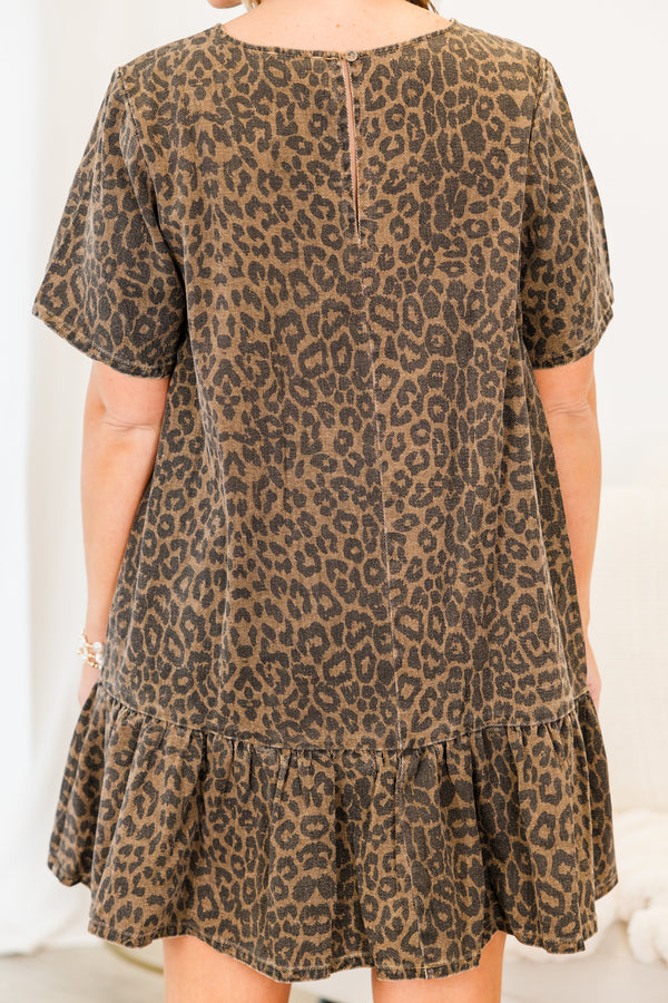 Chic Soul plus size clothing, washed brown short sleeve leopard print mini dress with ruffle along the bottom with round neckline
