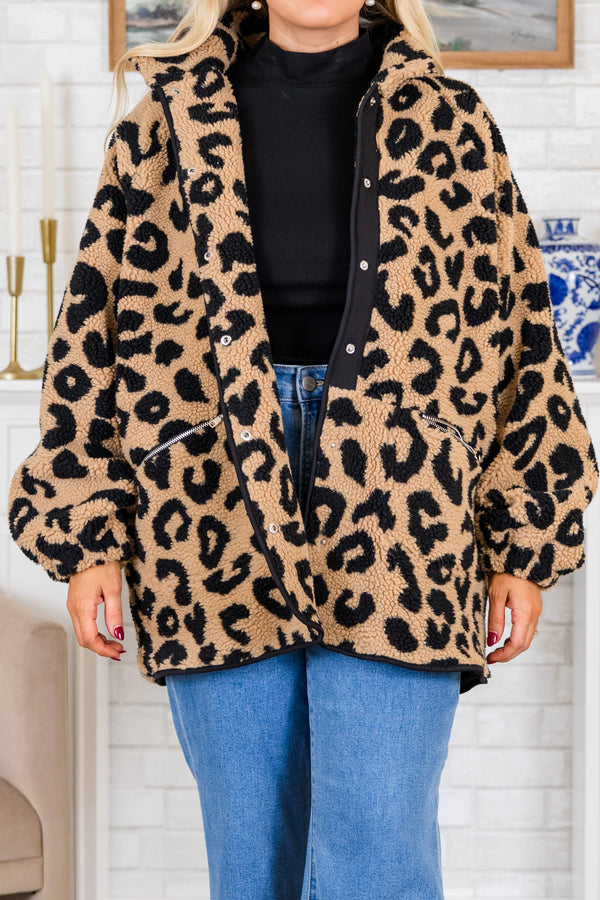 Plus Size leopard print sherpa coat in tan and black with a snap-front closure and black trim.