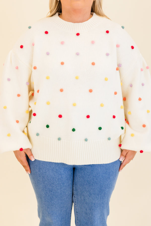 Chic Soul plus size clothing, cream knitted sweater with multicolor puff balls pattern