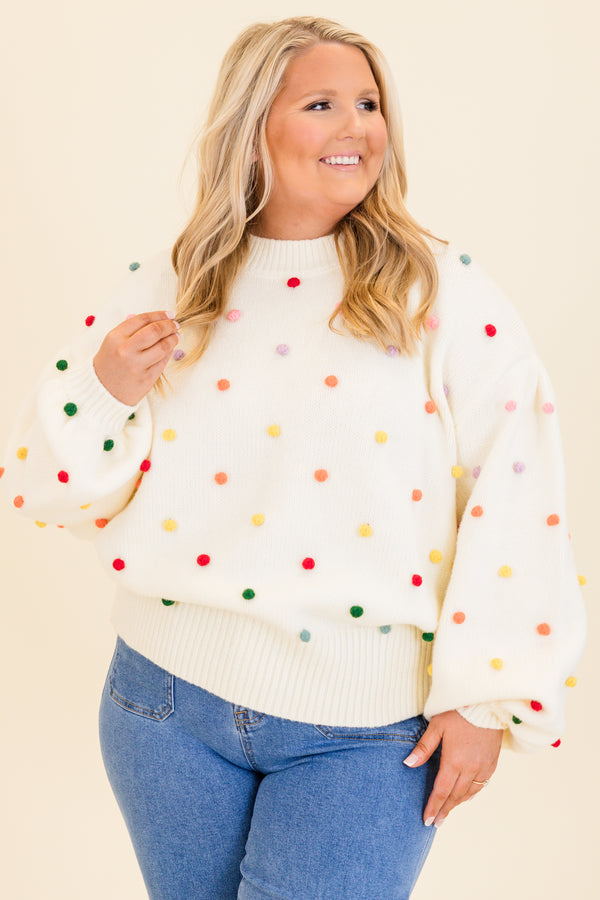 Chic Soul plus size clothing, cream knitted sweater with multicolor puff balls pattern