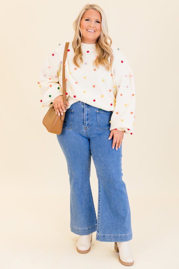 Chic Soul plus size clothing, cream knitted sweater with multicolor puff balls pattern