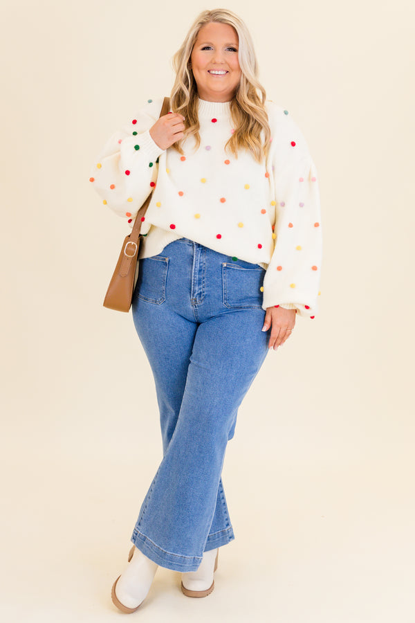 Chic Soul plus size clothing, cream knitted sweater with multicolor puff balls pattern