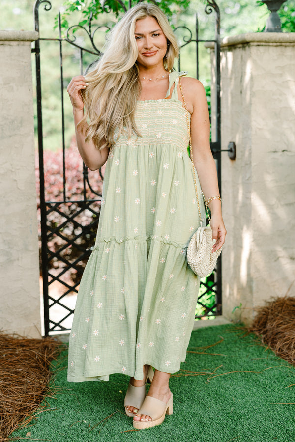 Chic Soul plus size clothing, sage mint maxi dress with embroidered white daisy flowers and bow tied shoulder straps