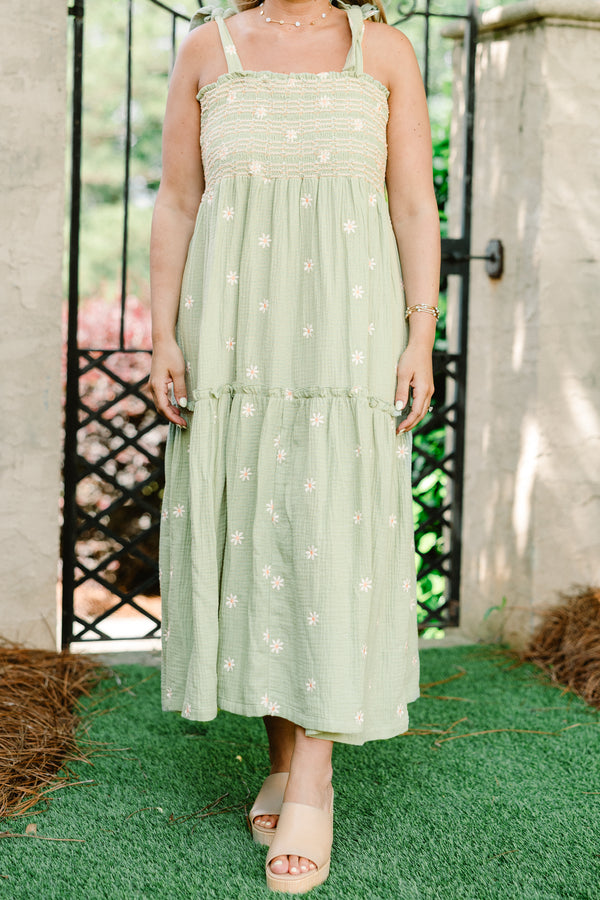 Chic Soul plus size clothing, sage mint maxi dress with embroidered white daisy flowers and bow tied shoulder straps