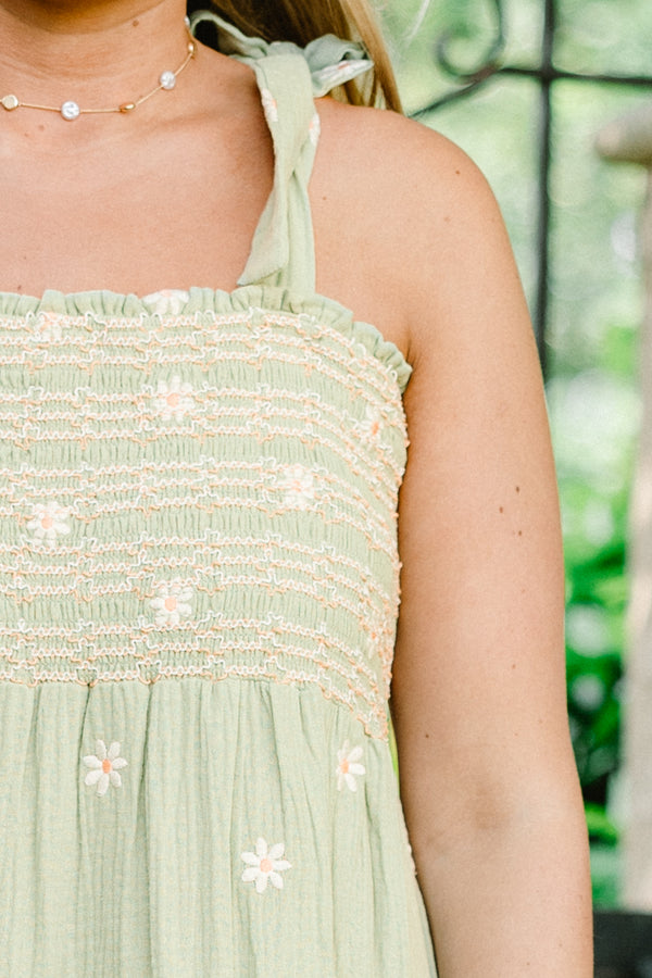 Chic Soul plus size clothing, sage mint maxi dress with embroidered white daisy flowers and bow tied shoulder straps